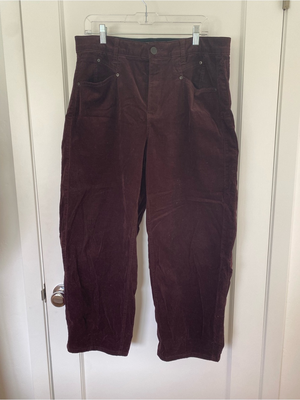 Democracy Corduroy Barrel-leg Pants in Deep Burgundy